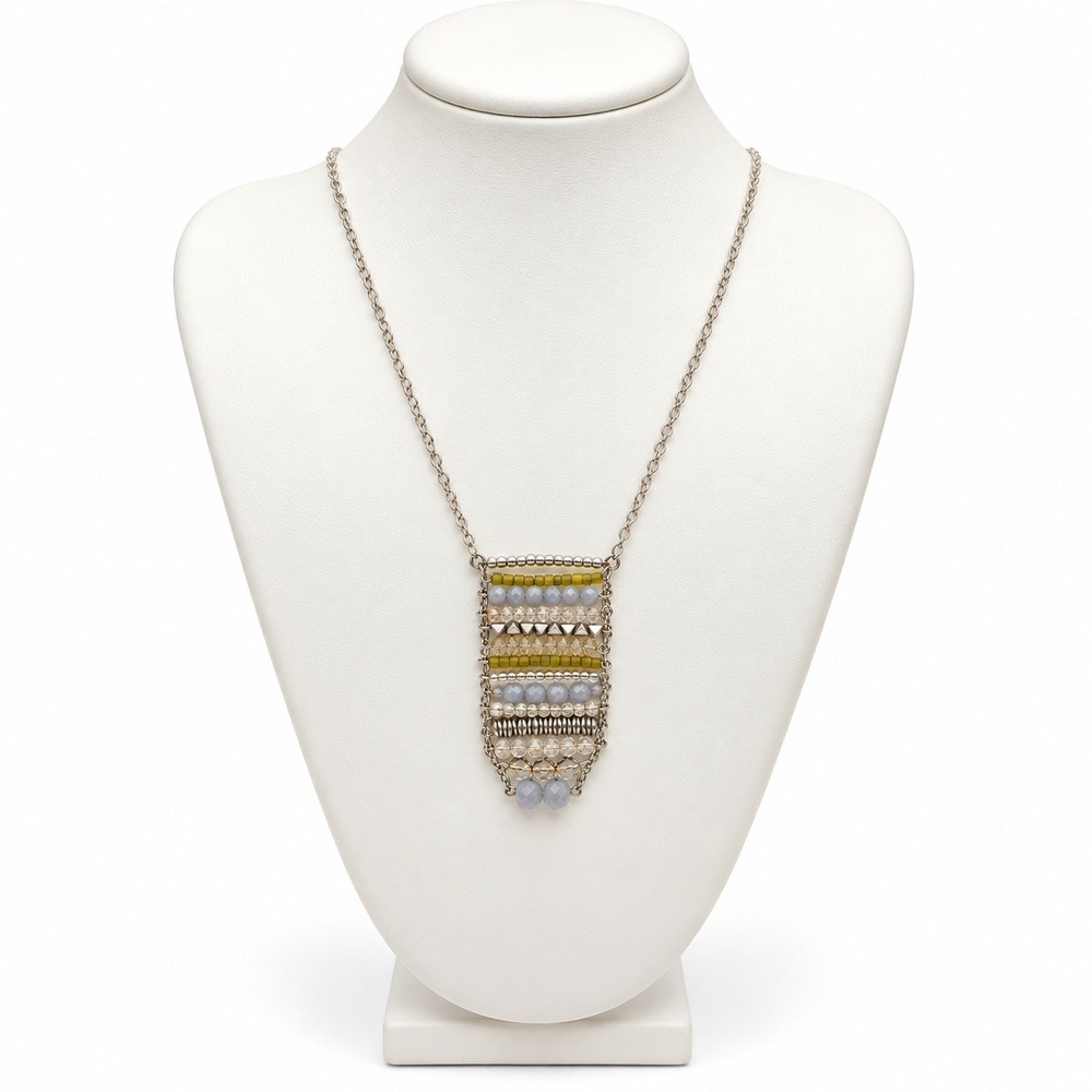Vintage Boho Beaded Shield Statement Necklace Silver Tone Y2K Festival 30 Inch
